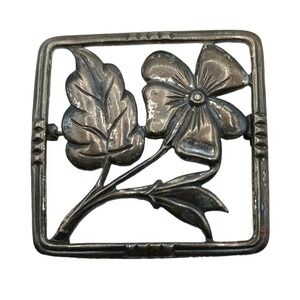 Sterling Silver Brooch Long Stemmed Flower Framed Pin Signed Jewelry Vintage